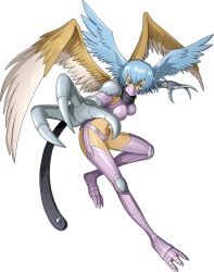 Rule 34 | 1girl, aqua eyes, aqua hair, artist request, bandai, breasts, claws, curvy, digimon, digimon (creature), digimon new century, elbow gloves, flying, full body, gauntlets, gloves, glowing, glowing hand, harpy, head wings, high collar, highleg, highleg panties, highres, large breasts, looking at viewer, mask, midriff, monster girl, navel, official art, panties, revealing clothes, shiny skin, shutumon, solo, thighhighs, thong, underwear, wide hips, wings