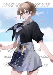 Rule 34 | 1girl, belt, black shirt, blush, brown hair, cloud, commentary request, grey skirt, hair between eyes, highres, ichimonme (ichi), intrepid (kancolle), kantai collection, looking at viewer, multicolored neckerchief, neckerchief, petals, ponytail, shirt, short sleeves, skirt, sky, smile, solo, sparkle, striped neckerchief