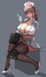 Rule 34 | 1girl, braid, braided ponytail, breasts, cleavage, condom, english text, eu03, fate/grand order, fate (series), florence nightingale (fate), folded ponytail, glasses, gloves, hat, high heels, highres, holding, holding condom, knee pads, large breasts, long hair, looking at viewer, nurse, nurse cap, pink hair, pleated skirt, red eyes, sitting, skirt, thighhighs, thighs, white footwear, white gloves