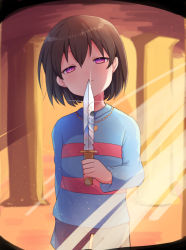Rule 34 | 1girl, black shorts, blue sweater, brown hair, frisk (undertale), half-closed eyes, head tilt, holding, holding knife, indoors, knife, light rays, long sleeves, looking at viewer, purple eyes, red eyes, sans (undertale), short hair, short shorts, shorts, smile, striped clothes, striped sweater, sunbeam, sunlight, sweater, undertale, xox xxxxxx