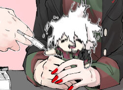 Rule 34 | 2boys, :d, = =, animal collar, black jacket, chain, chain leash, chibi, closed eyes, collar, commentary, danganronpa (series), danganronpa another episode: ultra despair girls, dual persona, english commentary, fingernails, glitch, green shirt, hair between eyes, holding, holding syringe, jacket, komaeda nagito, lapels, leash, male focus, messy hair, mini person, miniboy, motion blur, multiple boys, no fingers, no nose, open mouth, outline, red nails, red shirt, servant (danganronpa), seumol sx, shaking, shirt, sleeves rolled up, smile, striped clothes, striped shirt, syringe, teeth, trembling, two-tone shirt, upper teeth only, white hair, white outline