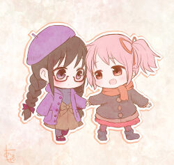 2girls :o akemi_homura alternate_costume aroze beret black_coat black_footwear black_hair black_shirt boots bow braid brown_bow brown_pantyhose brown_skirt buttons chibi coat commentary_request fur-trimmed_coat fur_trim glasses grey_pantyhose hair_bow hair_ribbon hand_on_hand happy hat heads_together highres holding_hands hood hood_down hooded_coat kaname_madoka light_brown_hair long_hair long_sleeves looking_at_another low_twin_braids mahou_shoujo_madoka_magica mahou_shoujo_madoka_magica_(anime) mary_janes medium_skirt miniskirt multiple_girls open_clothes open_coat open_mouth orange_outline orange_scrunchie outline pantyhose parted_lips pink_eyes pink_hair pleated_skirt pocket purple_coat purple_eyes purple_hat red-framed_eyewear red_bow red_footwear red_ribbon red_skirt ribbon scrunchie shirt shoes short_hair short_twintails signature skirt sleeves_past_wrists smile turtleneck turtleneck_shirt twin_braids twintails very_long_hair waist_bow white_background white_outline winter_clothes winter_coat