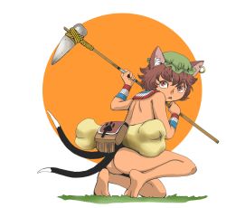 Rule 34 | 1girl, animal ears, ass, back, barefoot, bone, brown eyes, brown hair, capcom, cat ears, cat girl, cat tail, chen, earrings, feet, felyne, female focus, hat, jewelry, monster hunter (series), monster hunter portable 3rd, nature, nude, on one knee, onikobe rin, plant, soles, solo, tail, touhou, white background