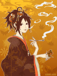 Rule 34 | azuma shou, bug, butterfly, insect, japanese clothes, kiseru, original, smoking pipe, smoking, solo