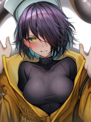Rule 34 | 1girl, absurdres, arknights, asbestos (arknights), black hair, black shirt, blush, commentary request, green eyes, grin, hair over one eye, hat, highres, jacket, long sleeves, looking at viewer, pov, shirt, short hair, smile, solo focus, tab head, taut clothes, taut shirt, yellow jacket