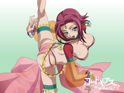 Rule 34 | 00s, arched back, ass, blue eyes, blush, bracelet, breasts, butt crack, cleavage, code geass, dancer, flexible, highres, jewelry, kouzuki kallen, large breasts, lots of jewelry, necklace, open mouth, red hair, short hair, solo, split, spread legs, wallpaper