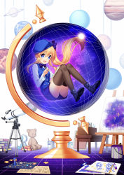 Rule 34 | 1girl, :d, beret, blonde hair, blue eyes, blue ribbon, blue shirt, blue shorts, book, breasts, commentary, crayon, dress shirt, floating, floating hair, globe, hat, highres, holding, holding pencil, jenevan, jupiter (planet), legs, long sleeves, looking at viewer, mars (planet), neptune, notebook, observatory, open mouth, original, paint, paint can, painting (object), pencil, planet, ribbon, saturn (planet), shirt, shoes, shorts, small breasts, smile, solo, space, star (sky), star (symbol), stuffed animal, stuffed toy, teddy bear, telescope, thighhighs, white background