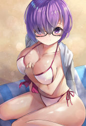 Rule 34 | 1girl, adapted costume, bikini, black-framed eyewear, blush, bow, bow bikini, breasts, cleavage, collarbone, commentary, fate/grand order, fate (series), glasses, hair over one eye, jacket, jacket on shoulders, large breasts, looking at viewer, mash kyrielight, mash kyrielight (swimsuit of perpetual summer), motokonut, official alternate costume, purple eyes, purple hair, sand, short hair, side-tie bikini bottom, sitting, solo, swimsuit, wariza, white bikini