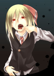 Rule 34 | 1girl, absurdres, blonde hair, embodiment of scarlet devil, fangs, female focus, finger in own mouth, hair ribbon, highres, jimi, mouth pull, open mouth, red eyes, ribbon, rumia, short hair, solo, touhou