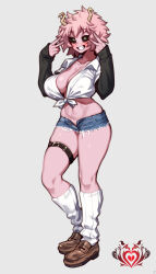 Rule 34 | 1girl, absurdres, ashido mina, black jacket, black sclera, blush, boku no hero academia, breasts, brown footwear, cleavage, collarbone, colored sclera, colored skin, crop top, denim, denim shorts, double v, full body, grey background, grin, highres, horns, jacket, large breasts, long sleeves, looking at viewer, loose socks, messy hair, nikuatsu magician shinbo, open fly, pink hair, pink skin, shirt, shoes, short hair, short shorts, shorts, simple background, smile, socks, solo, standing, teeth, thighlet, v, white shirt, white socks, yellow eyes
