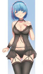 Rule 34 | 1girl, absurdres, bad id, bad pixiv id, bare shoulders, black nightgown, black thighhighs, blue eyes, blue hair, blush, breasts, cleavage, collarbone, feet out of frame, garter belt, garter straps, hair ribbon, hand on own chest, highres, lance5745, looking at viewer, maid headdress, medium breasts, navel, nightgown, open mouth, re:zero kara hajimeru isekai seikatsu, rem (re:zero), ribbon, short hair, simple background, solo, standing, thighhighs