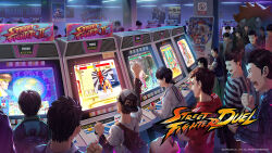 Rule 34 | arcade cabinet, arcade stick, blanka-chan, capcom, controller, fluorescent lamp, game controller, highres, joystick, logo, multiple boys, poster (object), sitting, standing, street fighter, video game