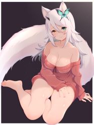 Rule 34 | 1girl, absurdres, animal ears, bare arms, bare shoulders, barefoot, blush, border, breasts, butterfly hair ornament, cleavage, closed eyes, collarbone, commentary request, dress, full body, green eyes, hair between eyes, hair ornament, heterochromia, highres, horns, large breasts, large tail, long hair, long sleeves, looking at viewer, masaoka misaki, off-shoulder dress, off-shoulder sweater, off shoulder, original, outside border, red dress, red sweater, silver hair, single horn, sitting, smile, solo, sweater, sweater dress, tail, white border, yellow eyes, yokozuwari