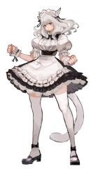 Rule 34 | 1girl, :/, animal ears, apron, black dress, black footwear, blue eyes, breasts, cat ears, cat girl, cat tail, center frills, clenched hands, closed mouth, dress, facial mark, final fantasy, final fantasy xiv, framed breasts, frills, full body, highres, kkaebing, legs apart, long hair, long legs, maid, maid apron, maid headdress, mary janes, medium breasts, miqo&#039;te, no pupils, pocket, puffy short sleeves, puffy sleeves, shoes, short sleeves, simple background, solo, standing, tail, thighhighs, waist apron, warrior of light (ff14), white apron, white background, white hair, white thighhighs, wrist cuffs, zettai ryouiki