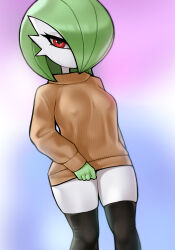 Rule 34 | absurdres, black thighhighs, colored skin, covered erect nipples, creatures (company), feet out of frame, game freak, gardevoir, gen 3 pokemon, green hair, hair over one eye, highres, long hair, loodncrood, looking at viewer, nintendo, pokemon, pokemon (creature), red eyes, standing, sweater, thighhighs, thighs, turtleneck, turtleneck sweater, white skin, zettai ryouiki
