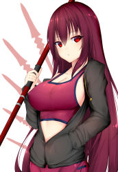 Rule 34 | 1girl, :&lt;, adapted costume, alternate costume, bike shorts, black jacket, breasts, chixiao, cleavage, closed mouth, collarbone, contemporary, covered erect nipples, drawstring, expressionless, fate/grand order, fate (series), gae bolg (fate), hand in pocket, highres, holding, holding staff, jacket, large breasts, long hair, long sleeves, looking at viewer, off shoulder, open clothes, open jacket, purple hair, red eyes, scathach (fate), scathach (fate/grand order), scathach (swimsuit assassin) (fate), sideboob, single bare shoulder, solo, sports bra, staff, straight hair, tsurime, very long hair, white background