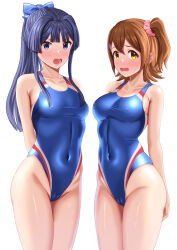 Rule 34 | 2girls, absurdres, black hair, blue eyes, blue one-piece swimsuit, breasts, brown eyes, brown hair, cameltoe, competition swimsuit, covered erect nipples, covered navel, embarrassed, highres, idolmaster, idolmaster million live!, kasuga mirai, long hair, looking at viewer, medium breasts, mogami shizuka, multicolored clothes, multicolored swimsuit, multiple girls, one-piece swimsuit, one side up, open mouth, ponytail, sidelocks, simple background, small breasts, standing, swimsuit, toritori miri, white background