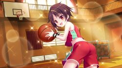 Rule 34 | 1girl, armpit crease, ass, ball, bandou mikuru, bare shoulders, basketball, basketball (object), basketball hoop, basketball uniform, blonde hair, brown hair, cart, curtains, door, dot nose, dutch angle, film grain, from behind, game cg, gym, holding, holding ball, indoors, izumi tsubasu, lens flare, looking at viewer, looking back, midriff, multicolored hair, non-web source, official art, open mouth, playing sports, railing, re:stage!, red eyes, red shorts, red tank top, short hair, shorts, smile, solo, sparkle, sportswear, streaked hair, tank top, two-tone hair, window, wooden floor, wristband