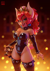 Rule 34 | 1girl, andrew hickinbottom, armlet, bare shoulders, black legwear, black leotard, black nails, bowsette, bracelet, breasts, cleavage, collar, covered navel, cowboy shot, crown, dark-skinned female, dark skin, detached sleeves, earrings, fingernails, fire, genderswap, genderswap (mtf), goomba, green eyes, horns, jewelry, large breasts, latex, leotard, long hair, looking at viewer, mario (series), monster girl, nail polish, new super mario bros. u deluxe, nintendo, open mouth, pointy ears, ponytail, red hair, sharp fingernails, solo, spiked armlet, spiked bracelet, spiked collar, spikes, super crown, teeth, thick eyebrows, thick thighs, thighs, tongue, tongue out
