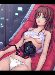 Rule 34 | 1girl, android, aqua eyes, bad id, bad pixiv id, breasts, brown hair, cable, camisole, clothes lift, crop top, empty eyes, lying, mechanical parts, medium breasts, no bra, original, panties, shirt lift, solo, spine, tank top, underboob, underwear, yuuji (and)
