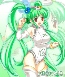 Rule 34 | 1girl, game console, green hair, long hair, microsoft, open mouth, personification, potato house, quad tails, red eyes, solo, xbox, xbox 360, xbox 360-tan