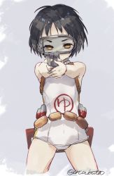Rule 34 | 1girl, aiming, black hair, brown eyes, commentary request, cowboy shot, diving mask, flotation belt, goggles, grey background, gun, highres, kantai collection, looking at viewer, maru-yu (kancolle), one-hour drawing challenge, one-piece swimsuit, parted bangs, school swimsuit, short hair, solo, swimsuit, twitter username, weapon, white one-piece swimsuit, white school swimsuit, yamashichi (mtseven)