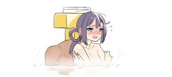 Rule 34 | 1boy, 1girl, akebono (kancolle), back-to-back, bare shoulders, bathing, crossed arms, flying sweatdrops, folded hair, kantai collection, long hair, mixed-sex bathing, onsen, purple eyes, purple hair, shared bathing, side ponytail, simple background, steam, t-head admiral, tamu (mad works), towel, towel on head, upper body, water, white background