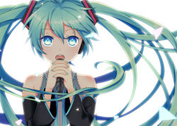 Rule 34 | 1girl, aqua hair, bad id, bad pixiv id, bare shoulders, blue eyes, detached sleeves, hatsune miku, long hair, microphone, music, open mouth, simple background, singing, solo, tobade (tbdfactory), twintails, vocaloid, white background
