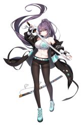 Rule 34 | 1girl, aeri (closers), aqua eyes, aqua footwear, arm up, armpits, bare shoulders, belt, black jacket, black shorts, breasts, brown pantyhose, closed mouth, closers, crop top, fingerless gloves, floating hair, full body, gloves, hair between eyes, highres, holding, holding sword, holding weapon, jacket, katana, large breasts, long hair, looking at viewer, micro shorts, midriff, mole, mole under mouth, navel, non-web source, off shoulder, official art, open clothes, open jacket, pantyhose, ponytail, purple hair, sheath, shirt, shoes, short shorts, shorts, sleeveless, sleeveless shirt, sleeveless turtleneck, smile, sneakers, solo, stomach, sword, thighband pantyhose, turtleneck, unsheathed, very long hair, weapon, white gloves, white shirt