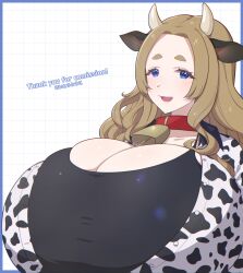 Rule 34 | 1girl, animal ears, animal print, blue eyes, breasts, bursting breasts, cleavage, commission, cow ears, cow girl, cow horns, cow print, cowbell, english text, eyelashes, female focus, gigantic breasts, half-closed eyes, highres, horns, light brown hair, long hair, looking at viewer, looking back, original, pale skin, saitou touko, solo, upper body
