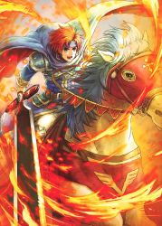 Rule 34 | 1boy, armor, asukan, blue eyes, cape, cosplay, durandal (fire emblem), eliwood (fire emblem), eliwood (fire emblem) (cosplay), fire, fire emblem, fire emblem: the binding blade, fire emblem: the blazing blade, fire emblem heroes, headband, holding, holding weapon, horse, male focus, nintendo, official alternate costume, red hair, roy (fire emblem), short hair, sword, weapon