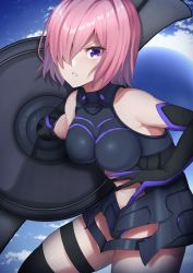Rule 34 | 1girl, absurdres, armor, armored leotard, bare shoulders, black armor, black leotard, blue sky, breastplate, clothing cutout, cloud, commentary request, detached sleeves, elbow gloves, fallstreak hole, fate/grand order, fate (series), gloves, hair over one eye, highres, holding, holding shield, holding weapon, izzu, leotard, light purple hair, looking at viewer, mash kyrielight, one eye covered, parted lips, pixiv fate/grand order contest 1, purple eyes, serious, shield, short hair, sky, solo, teeth, thighhighs, thighs, weapon