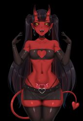 Rule 34 | 1girl, :d, bandeau, bare shoulders, black background, black choker, black gloves, black hair, black sclera, black thighhighs, blunt bangs, breasts, choker, cleavage cutout, clothing cutout, collarbone, colored sclera, colored skin, commentary, cowboy shot, demon girl, demon tail, ear piercing, earrings, elbow gloves, fangs, gloves, heart, heart cutout, heart tattoo, highres, hoop earrings, horns, jewelry, long hair, microskirt, navel, open mouth, original, piercing, pointy ears, pubic tattoo, red hair, red skin, simple background, skirt, small breasts, smile, solo, stomach, studded choker, tail, tattoo, thick thighs, thigh gap, thighhighs, thighs, tongue piercing, twintails, twrlare, very long hair, wide hips, yellow eyes
