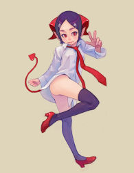 Rule 34 | 1girl, demon tail, full body, high heels, necktie, no panties, no pants, original, pointy ears, red eyes, shirt, shoes, simple background, solo, tail, thighhighs, weno