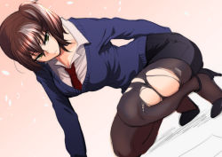 Rule 34 | 10s, 1girl, alternate costume, black pantyhose, blush, breasts, brown hair, high heels, kaga (kancolle), kantai collection, necktie, pantyhose, personification, short hair, shoukaki (earthean), side ponytail, solo, torn clothes, torn pantyhose