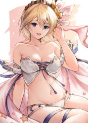 Rule 34 | 1girl, :d, bad id, bad pixiv id, bare shoulders, bikini, blonde hair, blue eyes, blue ribbon, breasts, cleavage, collarbone, commentary request, europa (granblue fantasy), europa (summer) (granblue fantasy), granblue fantasy, groin, hand up, highres, koretsuki azuma, looking at viewer, medium breasts, navel, open mouth, pink ribbon, ribbon, short hair, smile, solo, star (symbol), stomach, swimsuit, thighs, tiara, white bikini