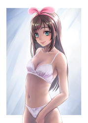Rule 34 | 1girl, absurdres, aira (qwedcxza49), blue eyes, blush, border, bra, breasts, brown hair, cleavage, closed mouth, collarbone, hairband, highres, kizuna ai, kizuna ai inc., long hair, looking at viewer, multicolored hair, navel, panties, pink hair, pink hairband, small breasts, smile, solo, standing, two-tone hair, underwear, underwear only, virtual youtuber, white border, white bra, white panties