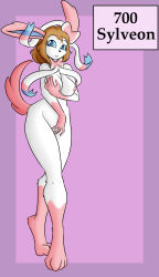 Rule 34 | 1girl, bernardol22, blonde hair, blue eyes, breasts, creatures (company), curvy, game freak, gen 6 pokemon, hand on own chest, hand on pussy, highres, humanization, large breasts, looking at viewer, medium breasts, nintendo, pink fur, pokedex number, pokemon, pokemon (anime), pokemon xy (anime), serena (pokemon), smile, sylveon, tail, transformation, white fur