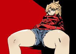 Rule 34 | 1girl, bad id, bad pixiv id, blonde hair, braid, club3, cutoffs, denim, denim shorts, fate/grand order, fate (series), french braid, frown, graphite (medium), green eyes, hands in pockets, highres, jacket, looking at viewer, mordred (fate), mordred (fate/apocrypha), mordred (memories at trifas) (fate), red background, scowl, shorts, solo, spread legs, thick thighs, thighs, traditional media