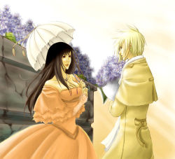 Rule 34 | 1990s (style), alternate costume, bouquet, breasts, cleavage, cloud strife, couple, dress, final fantasy, final fantasy vii, flower, large breasts, parasol, tifa lockhart, umbrella