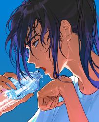 Rule 34 | 1boy, absurdres, adam&#039;s apple, blue background, bottle, brown eyes, dated commentary, eggpongg, eyelashes, floating hair, from side, hands up, highres, holding, holding bottle, long hair, looking away, male focus, messy hair, open mouth, original, ponytail, portrait, profile, purple hair, shirt, simple background, solo, sweat, t-shirt, water, water bottle, wet, white shirt, wiping sweat