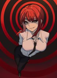 Rule 34 | 1girl, absurdres, breasts, caligoyaro, chainsaw man, foreshortening, highres, large breasts, looking at viewer, makima (chainsaw man), necktie, red hair, shirt, smile, smug, solo, white shirt, yellow eyes