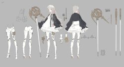Rule 34 | 1girl, android, ass, black jacket, chain, character sheet, commentary, doll joints, dress, from behind, from side, gothic lolita, grey background, grey hair, harness, high heels, highres, hito kaiki, jacket, joints, legs, lolita fashion, lower body, maid headdress, multiple views, navel, neco, nh-01 (hito kaiki), pink eyes, pocket watch, pouch, robot, robot joints, science fiction, simple background, sketch, skirt, staff, turnaround, watch, white dress, wide sleeves