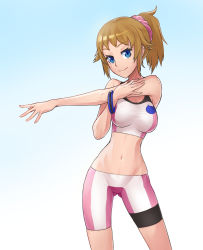 Rule 34 | 10s, 1girl, bike shorts, blue eyes, bracelet, breasts, brown hair, contrapposto, cowboy shot, female focus, groin, gundam, gundam build fighters, gundam build fighters try, highres, hoshino fumina, jewelry, jiffic, large breasts, looking at viewer, narrow waist, navel, ponytail, scrunchie, smile, solo, sports bra, standing, stretching, two-tone sports bra