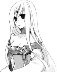 Rule 34 | 1girl, amaterasu (ookami), breasts, female focus, greyscale, long hair, lowres, monochrome, nuregami, ookami (game), personification, simple background, solo, tattoo, white hair