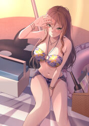 Rule 34 | 1girl, absurdres, arm behind back, arm up, bang dream!, bare arms, bare shoulders, beach towel, bikini, blue bikini, blurry, blurry background, bottle, bracelet, breasts, brown eyes, brown hair, cleavage, closed mouth, collarbone, commentary, cooler, day, feet out of frame, floral print, from above, hair between eyes, hair down, highres, imai lisa, inflatable orca, inflatable toy, innertube, jewelry, large breasts, long hair, looking at viewer, looking up, navel, necklace, o-ring, o-ring bikini, o-ring top, official alternate costume, on ground, outdoors, parasol, pendant, picnic basket, print bikini, ptal, sand, shade, shading eyes, side-tie bikini bottom, sidelocks, sitting, smile, solo, stomach, sunlight, swim ring, swimsuit, towel, umbrella, wavy hair, wet, white bikini
