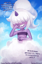 Rule 34 | 1girl, blush, cloud, collarbone, colored skin, commentary, dazzi, english commentary, english text, flat chest, grin, hair over eyes, high ponytail, horns, long bangs, long hair, lumineko, pal (creature), palworld, purple skin, purple tube top, saliva, single horn, smile, solo, strapless, teeth, tube top, watermark, web address, white hair
