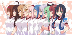 Rule 34 | 6+girls, ahoge, beret, black hair, black ribbon, blonde hair, blue eyes, blue hair, braid, breasts, brown eyes, brown hair, bust chart, commentary request, comparison, floral background, gradient hair, green eyes, green hair, grey hair, gym shirt, gym uniform, hair between eyes, hair flaps, hair ornament, hair over shoulder, hair ribbon, hair tie, hairband, hairclip, hand up, harusame (kancolle), hat, highres, kantai collection, kawakaze (kancolle), light brown hair, long hair, looking at viewer, looking to the side, low twintails, medium breasts, messy hair, mole, mole under eye, multicolored hair, multiple girls, murasame (kancolle), orange hairband, pink hair, profile, red eyes, red hair, red hairband, remodel (kantai collection), ribbon, sailor hat, samidare (kancolle), shigure (kancolle), shiratsuyu (kancolle), shirt, short hair, side ponytail, single braid, small breasts, suzukaze (kancolle), suzuki toto, t-shirt, twintails, umikaze (kancolle), very long hair, white hat, white shirt, yamakaze (kancolle), yuudachi (kancolle)