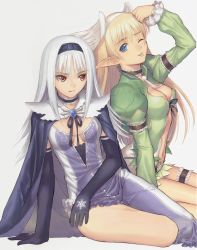 Rule 34 | 2girls, ;p, absurdres, albino, arm garter, blanc neige, blonde hair, blue eyes, breasts, cape, choker, cleavage, cleavage cutout, clothing cutout, dojikko pose, dress, elbow gloves, elf, elwing, feathers, frills, gloves, hairband, head wings, highres, long hair, medium breasts, multiple girls, non-web source, one eye closed, pointy ears, red eyes, sega, shining (series), shining tears, sitting, smile, thighs, tongue, tongue out, tony taka, tsurime, white hair, wings, wink