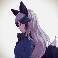Rule 34 | 10s, 1girl, animal ear fluff, animal ears, black hair, bow, bowtie, breast pocket, coat, commentary request, fox ears, fox tail, from side, grey hair, highres, kemono friends, long hair, long sleeves, multicolored hair, necktie, pocket, profile, realistic, silver fox (kemono friends), solo, tail, takami masahiro, upper body, yellow eyes